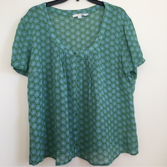 Boden Tops - Boden Green Blue Floral Button Up Top Scoop Neck Short Sleeve Blouse